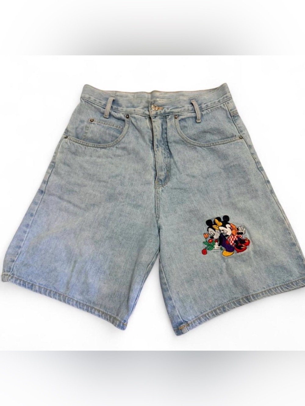 Disney Light Blue Denim Women's Shorts with Embroidered Mickey & Minnie